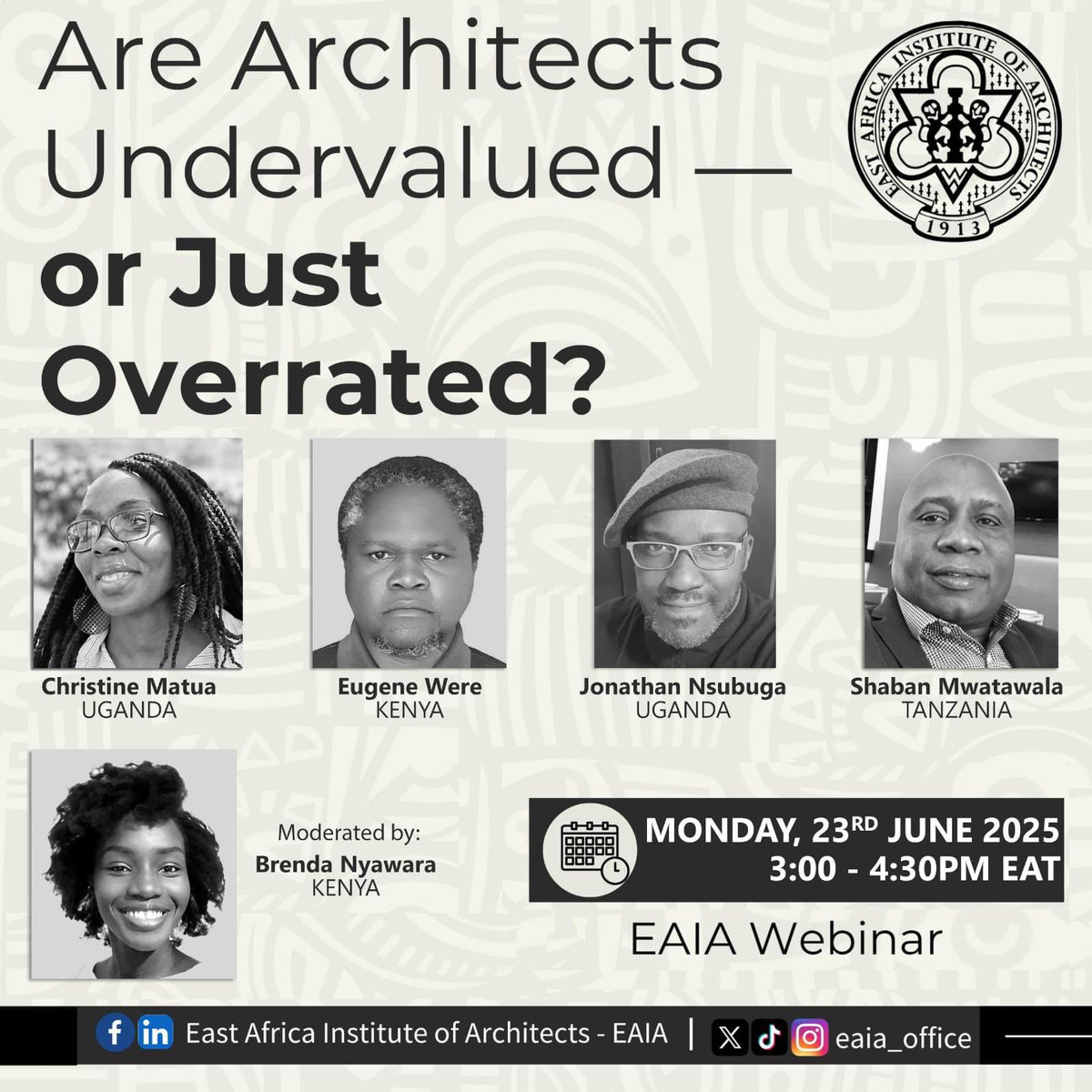 Tomorrow &gt;&gt;&gt;&gt;&gt; Are Architects Undervalued — or Just Overrated? 🤔

Join the East Africa Institute of Architects as we unpack the role, perception and remuneration of architects.

Time: 3:00 – 4:30 PM EAT

Register now via shorturl.at/gHoLa 

Follow for updates: @eaia_office