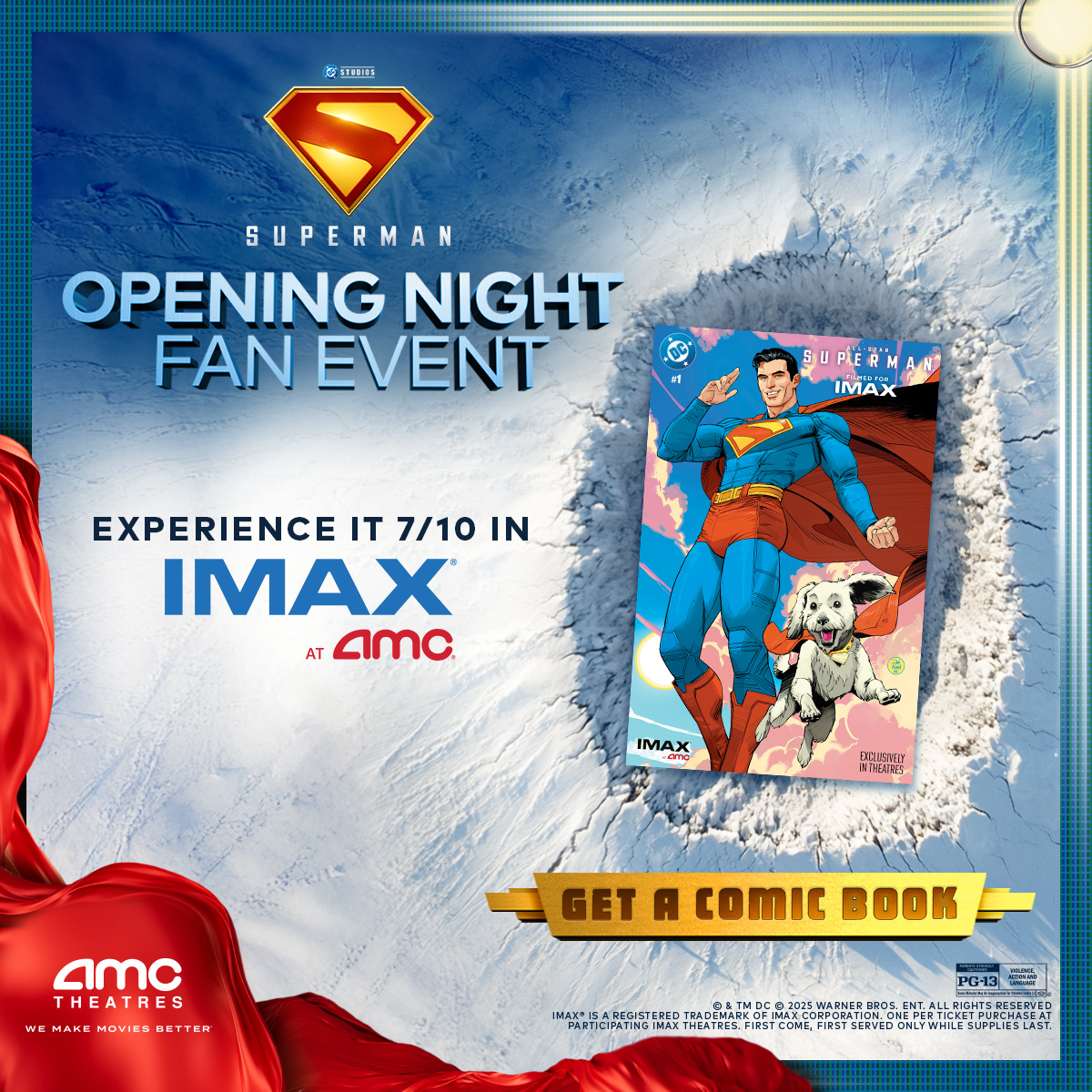 AMCTheatres's tweet photo. 💙❤️ Soar in to experience DC Studios’ first feature film Superman in IMAX at AMC on 7/10 and get a collectible comic book. https://t.co/SRw0N2qx6D https://t.co/yhMbrbJBjI