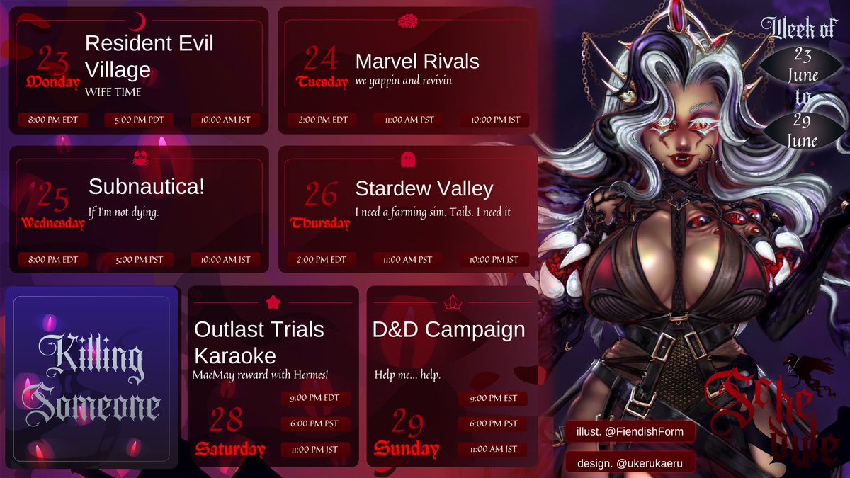 💋 Schedule Drop 💋

All of this is subject to change depending on how I’m feeling BUT I’m so excited for Outlast Trials Karaoke it’s gonna be so silly goofy