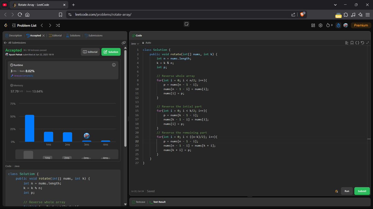Day 47 of DSA Using Java 🚀    

Solved Problem on Arrays on Leetcode : 
189. Rotate Array 🔗 leetcode.com/problems/rotat…

#DSAWithKunal #60DaysOfDSA #CodingCommunity #BuildInPublic #Java