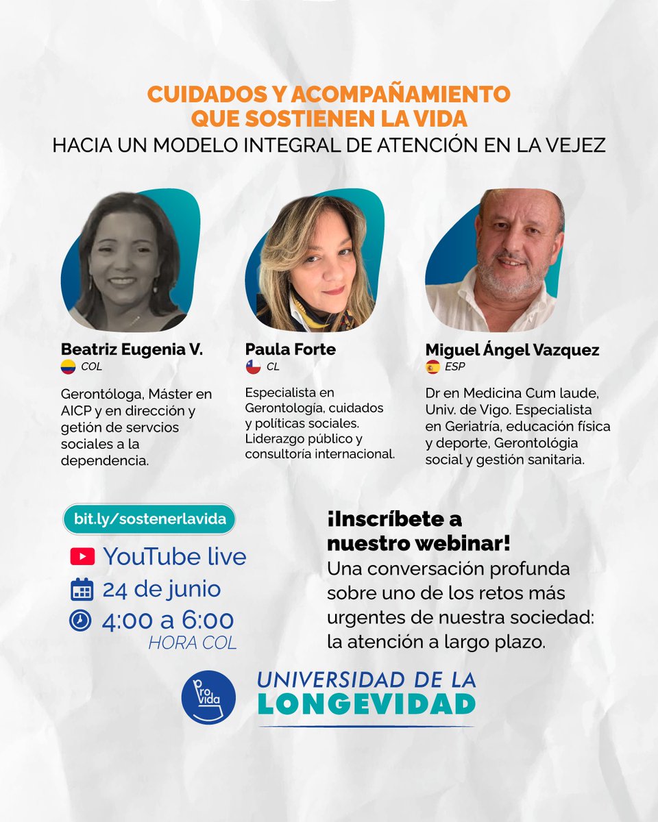 #Invitación | 📢 Te invitamos a participar de la conferencia “Cuidados y acompañamiento que sostienen la vida”, organizada por la Fundación Provida Colombia. 

🕔 Martes 24 de junio
⏰ 17:00 a 19:00 hrs (hora Chile)
🔗 Inscripciones abiertas: bit.ly/sostenerlavida