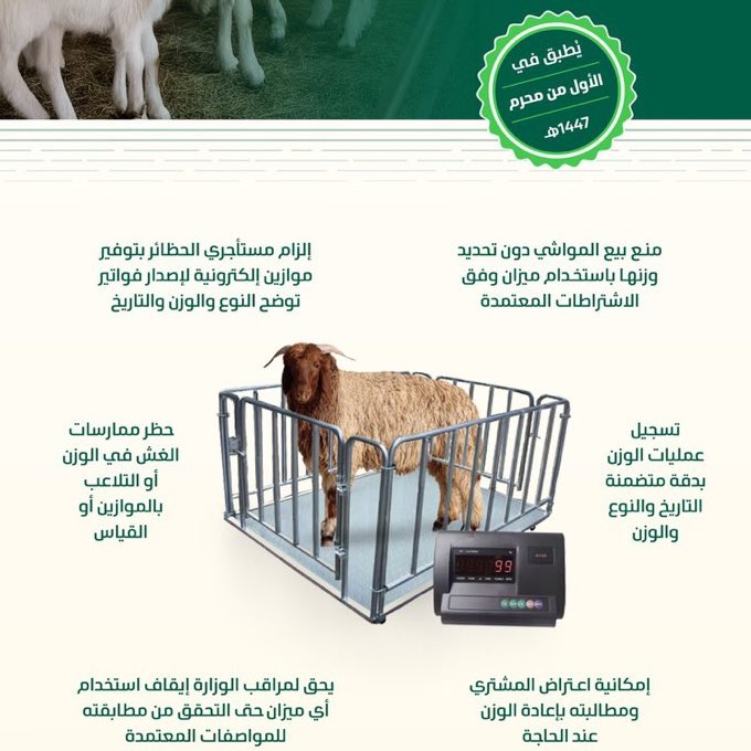 بيع المواشي على الوزن اعتبارًا من 1447/01/01.

المصدر:
وزارة البيئة والمياه والزراعة.
