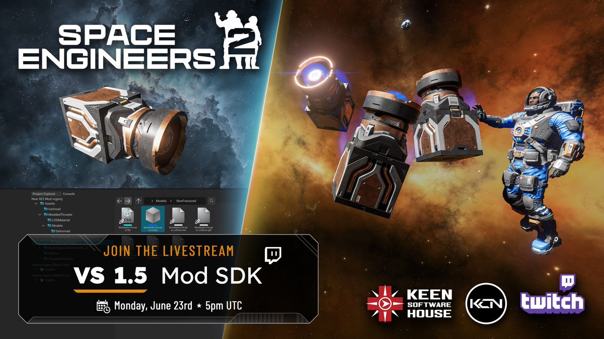 Please join us tomorrow for Space Engineers 2 Alpha: Vertical Slice 1.5 Release Livestream! #SE2

🚀 Monday, June 23rd, 5 PM UTC

🛰️ Twitch: twitch.tv/keencommunityn…
🛰️ YouTube: youtube.com/@SpaceEngineers