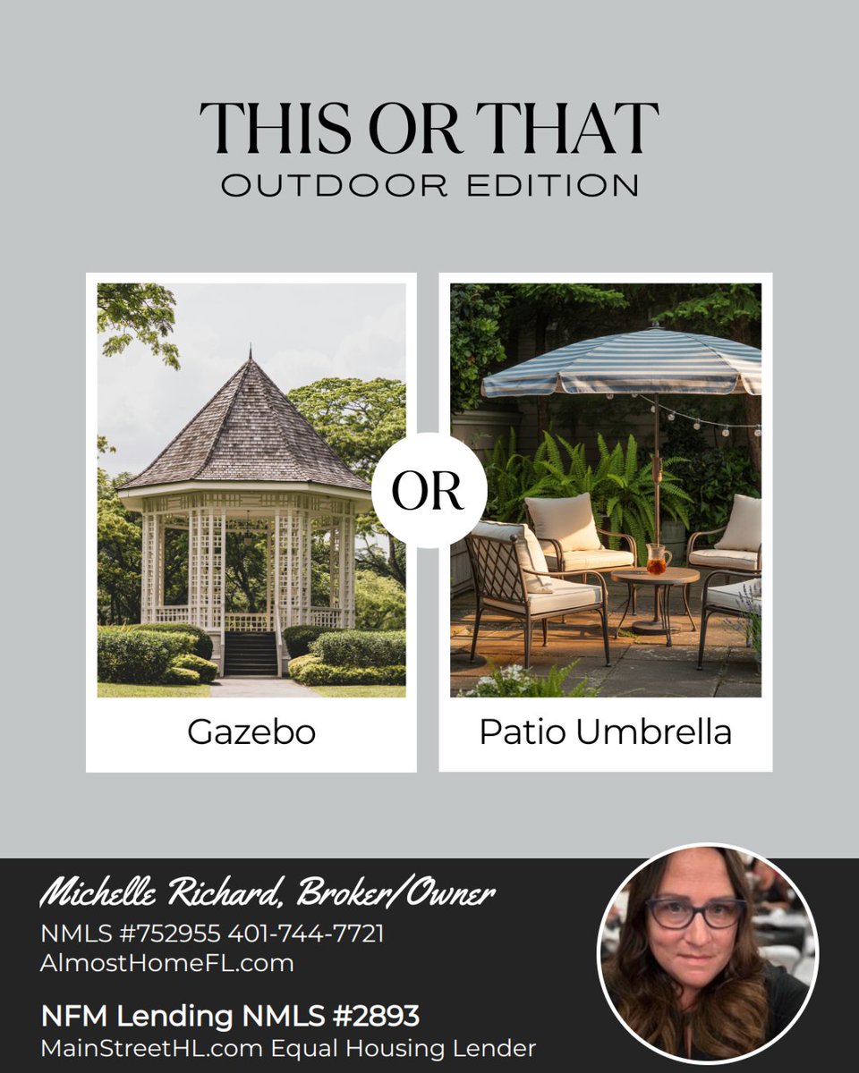 AlmostHomeFL's tweet image. A gazebo brings structure, style, and a permanent retreat—perfect for hosting gatherings or creating a peaceful outdoor escape. Meanwhile, a patio umbrella offers flexible shade that’s easy to move and adjust wherever the sun hits.

Drop your pick below! 🏡

#outdoordecor