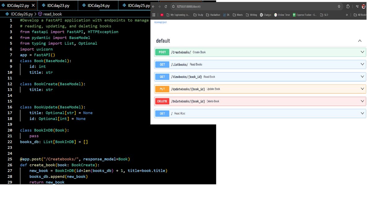 coolj1784's tweet photo. ✅ Day 26 completed – @indiandataclub #30DaysOfPython
🗒️ Topics
REST API fundamentals 🌐
Creating endpoints with FastAPI (GET, POST, PUT, DELETE) 🚀
🎯 Challenge
Built a FastAPI app to manage a library of books 📚
CRUD operations made clean, fast &amp; Pythonic!
#IDC30DaysChallenge https://t.co/wQvz86DqJF