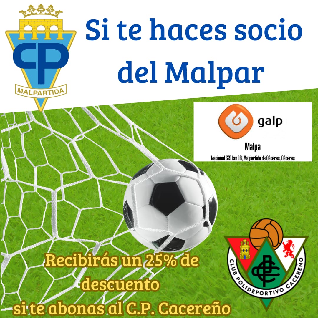 Ser socio del Malpar tienes sus ventajas, y este año si además te quieres abonar al C.P. Cacereño tendrás un 25% de descuento en el precio del abono. A que esperas? Beneficíate!!! <a href="/CPCacerenoSAD/">CP Cacereño 🟢🐉</a> <a href="/CanteraCPC/">Cantera del CP Cacereño</a>