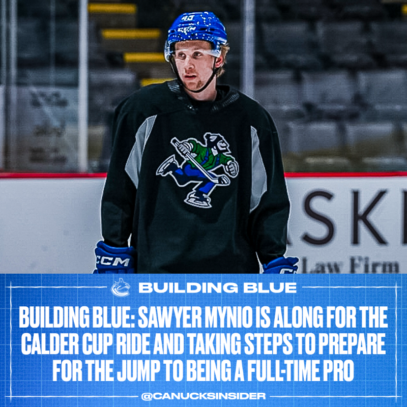 Canucks's tweet photo. While Abbotsford regroups for another shot at the championship, #Canucks prospect, Sawyer Mynio, is getting a unique, real-time education in high-stakes hockey at the professional level. #BuildingBlue
FEATURE READ 👇
