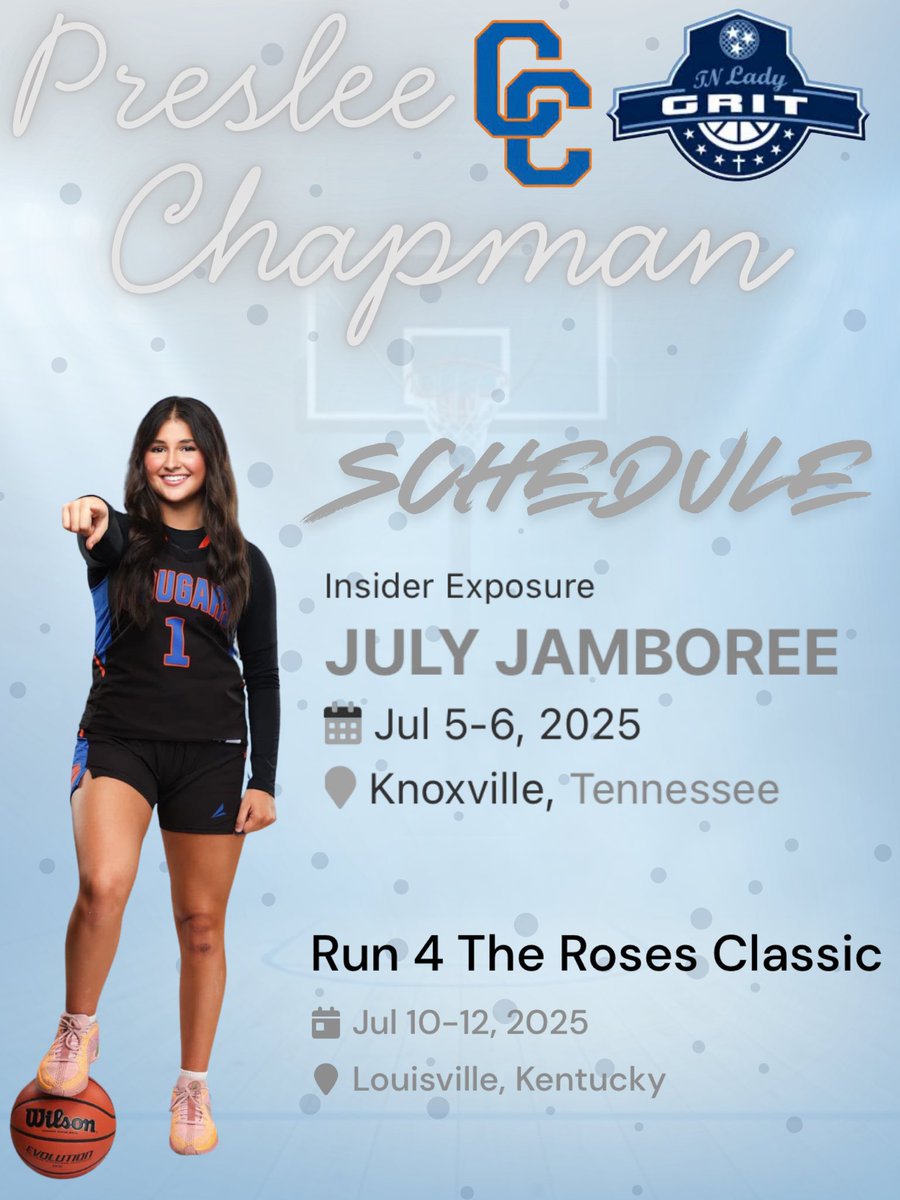 Preslee Chapman (@chapmanpreslee) on Twitter photo Great June with <a href="/CCHSLadiesBball/">Lady Cougars Bball 🏀</a> working to get better. Can’t wait to be back on the court with my <a href="/TNLadyGrit/">Tennessee Lady Grit 2027 (Flenniken)</a> teammates in July!
<a href="/XavierSoHoops/">Xavier Johnson</a> <a href="/PGHTennessee/">Prep Girls Hoops Tennessee</a> <a href="/MeadeHoops/">Amanda Meade</a> <a href="/JrAllStarBB/">Jr. All-Star Girls Basketball</a> <a href="/_BlakeDerrick/">Blake Derrick</a> <a href="/TFNsRun4Roses/">TFN's Run 4 Roses</a> <a href="/InsiderExposure/">InsiderExposure</a> <a href="/TheTNReport/">TheTNReport</a> Great June with <a href="/CCHSLadiesBball/">Lady Cougars Bball 🏀</a> working to get better. Can’t wait to be back on the court with my <a href="/TNLadyGrit/">Tennessee Lady Grit 2027 (Flenniken)</a> teammates in July!
<a href="/XavierSoHoops/">Xavier Johnson</a> <a href="/PGHTennessee/">Prep Girls Hoops Tennessee</a> <a href="/MeadeHoops/">Amanda Meade</a> <a href="/JrAllStarBB/">Jr. All-Star Girls Basketball</a> <a href="/_BlakeDerrick/">Blake Derrick</a> <a href="/TFNsRun4Roses/">TFN's Run 4 Roses</a> <a href="/InsiderExposure/">InsiderExposure</a> <a href="/TheTNReport/">TheTNReport</a>