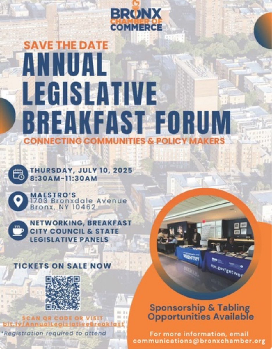 REMINDER: Don’t miss the Bronx Chamber’s Annual Legislative Breakfast Forum!
📅 July 10 | 8:30 AM - 11:30 AM
📍 Maestro’s Caterers

Join us for a morning of impactful discussion with elected officials and Bronx business leaders on the public policies shaping our borough’s