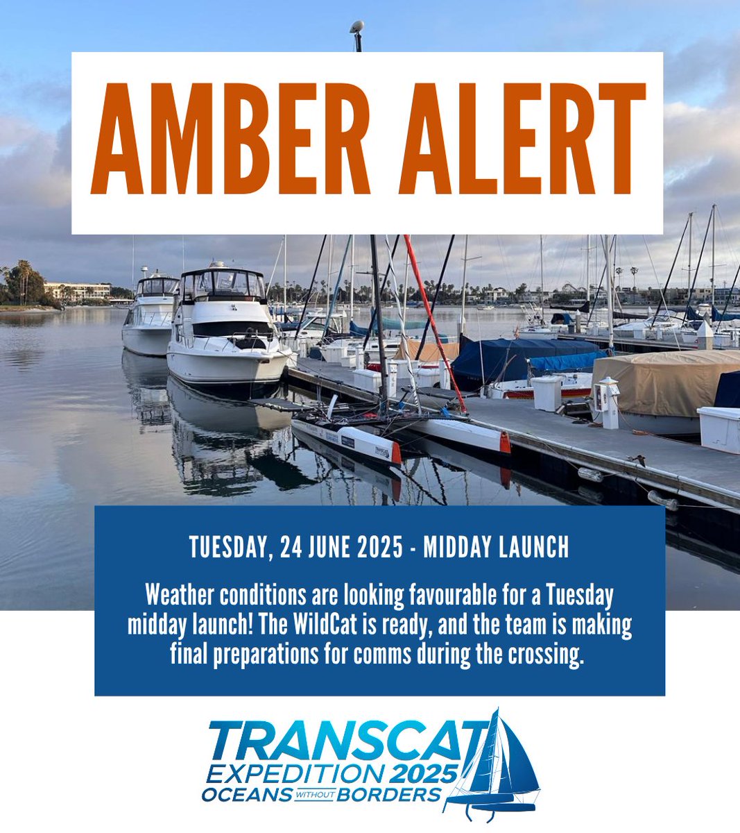 AMBER ALERT! TUESDAY, 24 JUNE 2025 - MIDDAY LAUNCH 

Weather conditions are looking favourable for a Tuesday midday launch! The WildCat is ready, and the team is making final preparations for comms during the crossing.

It’s getting real!

Stay tuned for updates and FOLLOW the