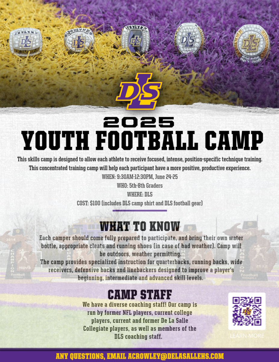 DLSPilots's tweet image. Just a couple of days left to register for DLS Youth Football Camp! Camp will be held from 9:30AM-12:30PM, this Tuesday and Wednesday, June 24-25 for 5th-8th graders.
Scan the QR code to register or click on the link:
tinyurl.com/DLSCamps25
#PilotPride