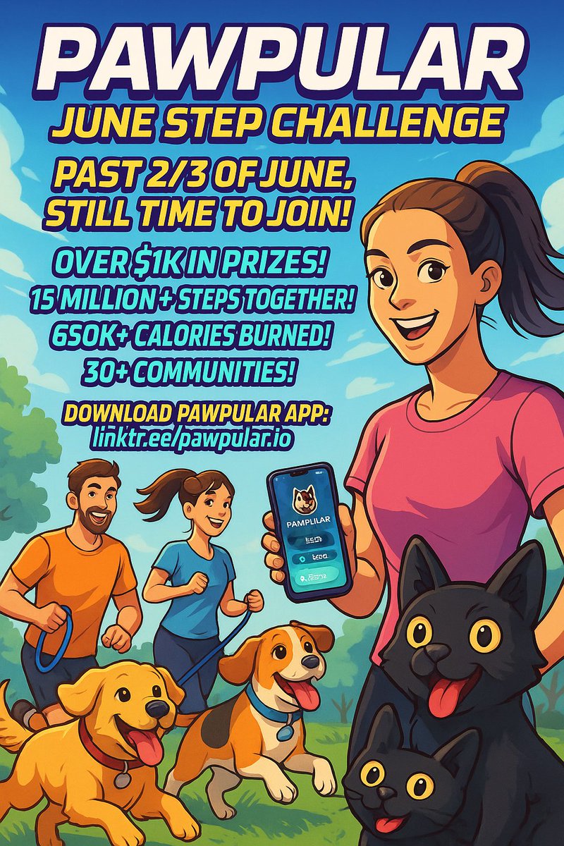 PawpularApp's tweet photo. 🚨 We’re past the 2/3 mark of June—but you can STILL join the fun! 🐾💪

🏆 $1K+ in prizes still up for grabs
👣 15 MILLION+ steps taken together
🔥 650K+ calories burned
🌐 30+ communities walking for pets, fitness & fun

📲 Download PawPular App: https://t.co/1owm3Q5I8r

Support our awesome partners 👇
@ShibuSocietyNFT @OctopeepsNFTs @AsteryJewelry @SHELTERonSol @cryptsocialclub @theOHCommunity @NftNoss @TheClownTownNft @Nifty_Rebels @THBALLIANCE @invisibleenemie @ZOMNFT @OwlphaDAO_ @TheNubisProject
@mentaversenft @solanaheroes_ @MicroPets_io @squirrelsonsol @ZombabieZ_nft @oukiibears @WaywardWeenies @shepchain @LuxuryPokerClub @battlebunniesTM @Arkofnoah_io @MadBananaUnion @solbonobos @BaeApes

#Web3 #pawpular #nfts #AdoptDontShop 🐕🏃‍♂️