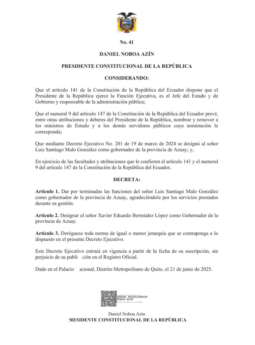 FAzuay2's tweet photo. Felicitamos y saludamos el nombramiento del Doctor @XavierBermudezL  como Gobernador del Azuay.
Le deseamos éxitos en sus funciones y cuente con las organizaciones que conformamos este Colectivo para fortalecer la política pública en beneficio de los Azuayos.
@DanielNoboaOk https://t.co/hUvp2gm86t