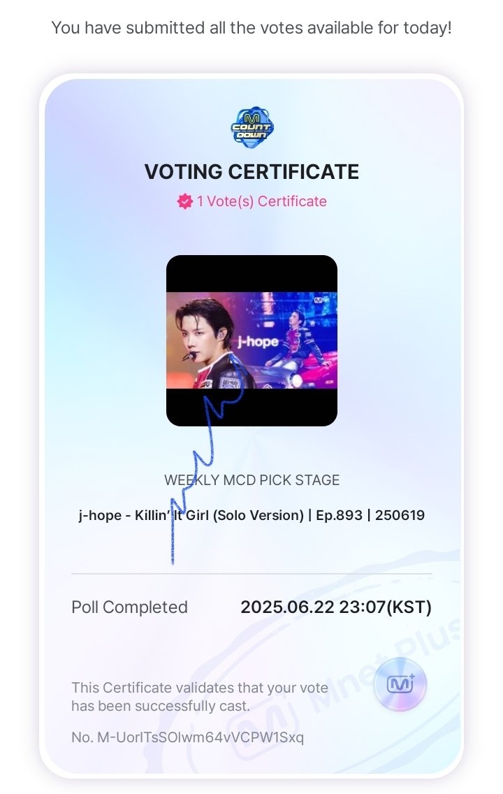 coupsofmimi's tweet photo. MNET+ APP VOTING | #nowvoting
Vote for j-hope's Killin' It Girl ft. GloRilla on M Countdown Pre-Vote & KIG solo ver. on Weekly MCD Pick Stage.
π: 06/23 - 11:59PM KST
π: https://t.co/E6quaIMaKD https://t.co/k76LzzKTYM