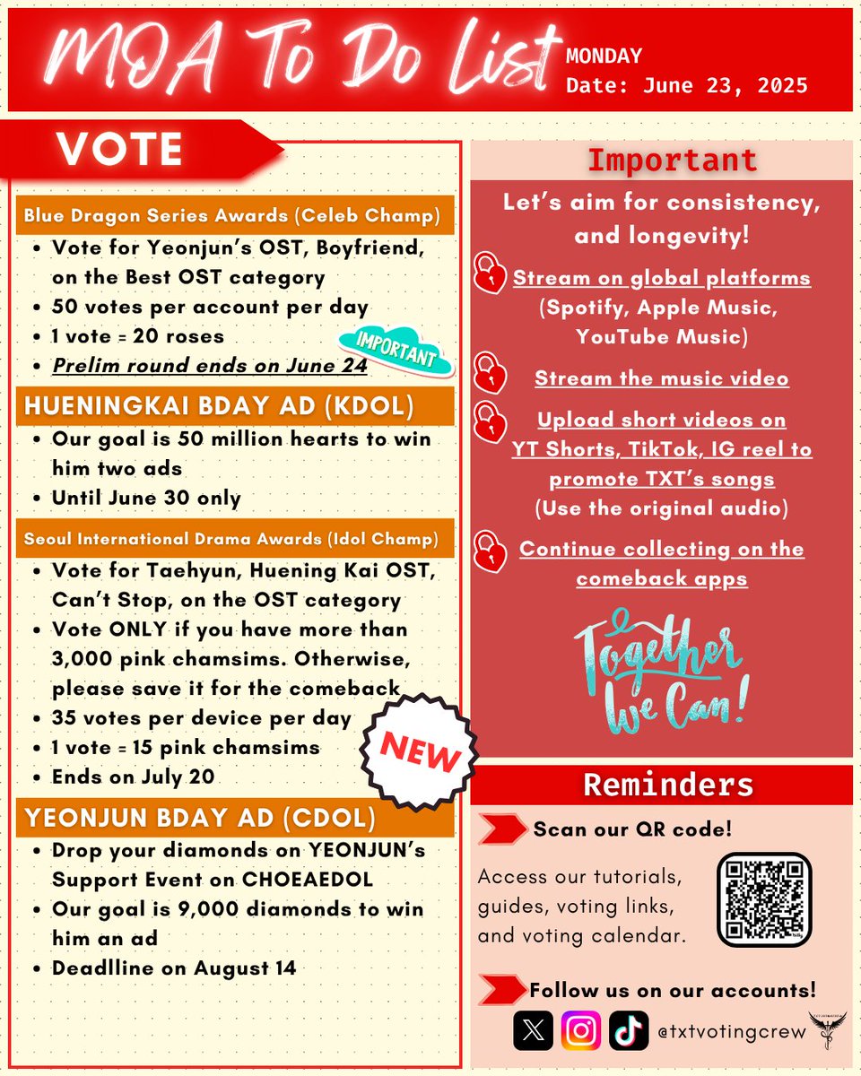 MOA TO DO LIST FOR TODAY [250623] 📢

Tutorials are available here
🔗 bit.ly/txtvotingcrew

#MO4TXT #MOAisONE
#TOMORROW_X_TOGETHER