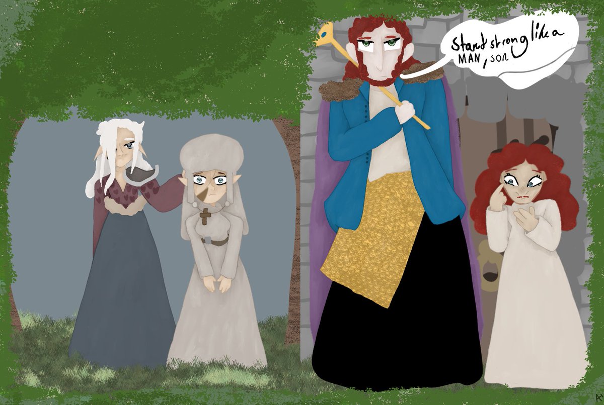 Douce and Jürgen with their fathers Siegfried and Karl moments before meeting eachother for the first time on a field before Karl's castle.
#ocs #backstory #romance #elves #elfgirl #bigman #medieval