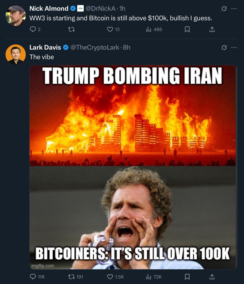 Someone DM’d me this earlier. 

I know it’s a bit cringe, but it’s also true. Bitcoin used literally to halve in value on half arsed “China bans bitcoin” or “Korea FUD” news. 

Bitcoin is maturing into an asset which actually hedges against geo-political risk. 

itshappening.jpg