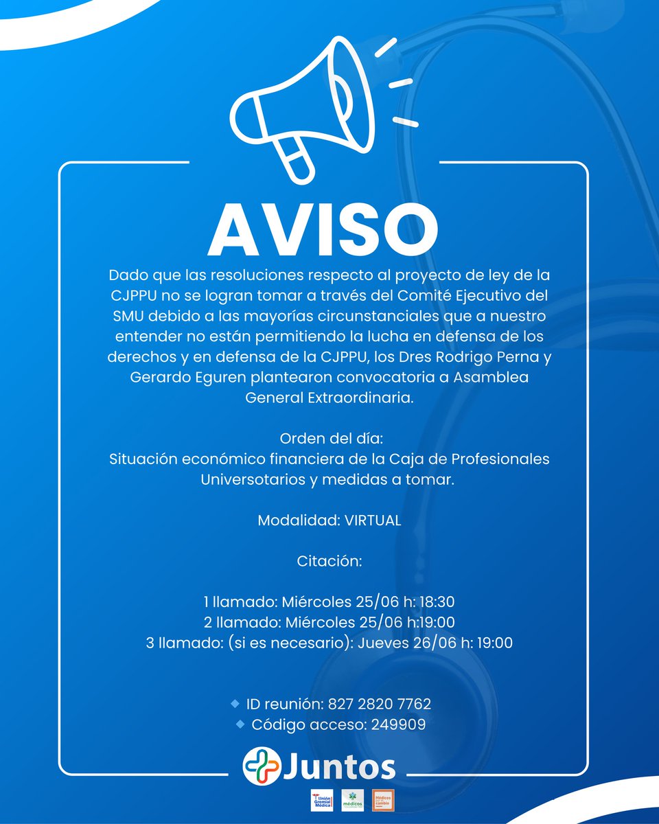 📢 AVISO IMPORTANTE

A propuesta de JUNTOS, los doctores Rodrigo Perna y Gerardo Eguren convocan a Asamblea General Extraordinaria del SMU, ante la falta de resolución del proyecto de ley de la CJPPU en el Comité Ejecutivo.