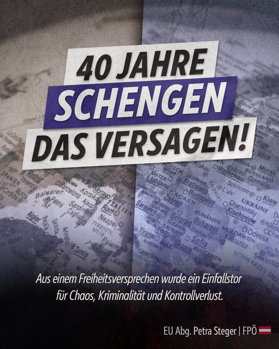 Vor 40 Jahren wurde uns #Schengen als Meilenstein der Freiheit verkauft – heute ist es Symbol für Kontrollverlust, illegale Migration und Sicherheitsversagen. Petra Steger rechnet im #EU-Parlament mit dem gescheiterten System ab und fordert klare Konsequenzen: Außengrenzen
