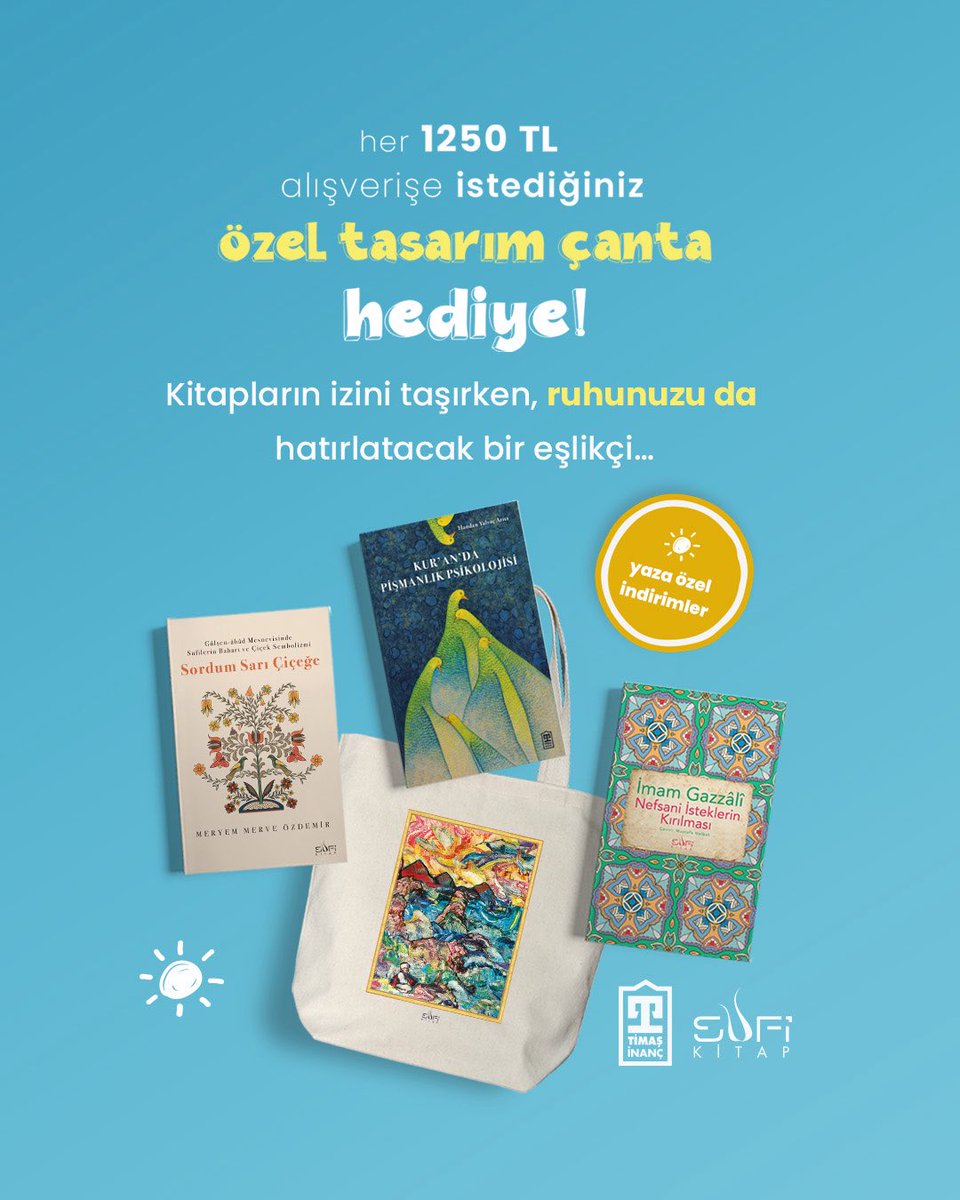 1250 TL ve üzeri alışverişlerde, özel tasarım bez çantamız hediyeniz oluyor. ☀️📚

Kitapların izini taşırken, ruhunuzu da hatırlatacak bir eşlikçi…

#sufi #sufikitap #inanç