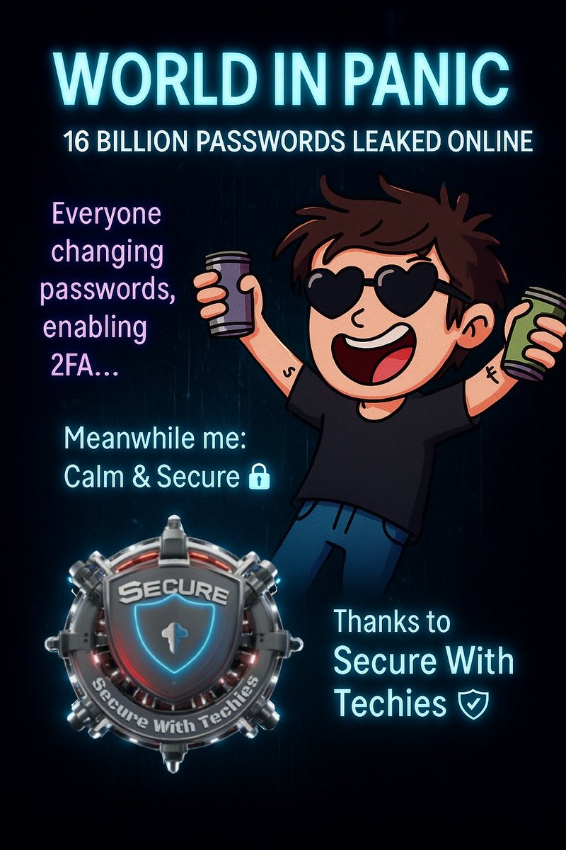 SecureWithTech's tweet photo. 🚨 16 Billion Passwords Leaked Online!
While the world is panicking, enabling 2FA, and changing passwords…
I’m just chilling — Calm &amp; Secure 🔐
🛡️ Stay ahead of breaches. Stay educated. Stay protected.
#DataLeak #16BillionPasswords #SecureWithTechies #StaySafeOnline #ZeroTrust https://t.co/SuNWCcTCYe