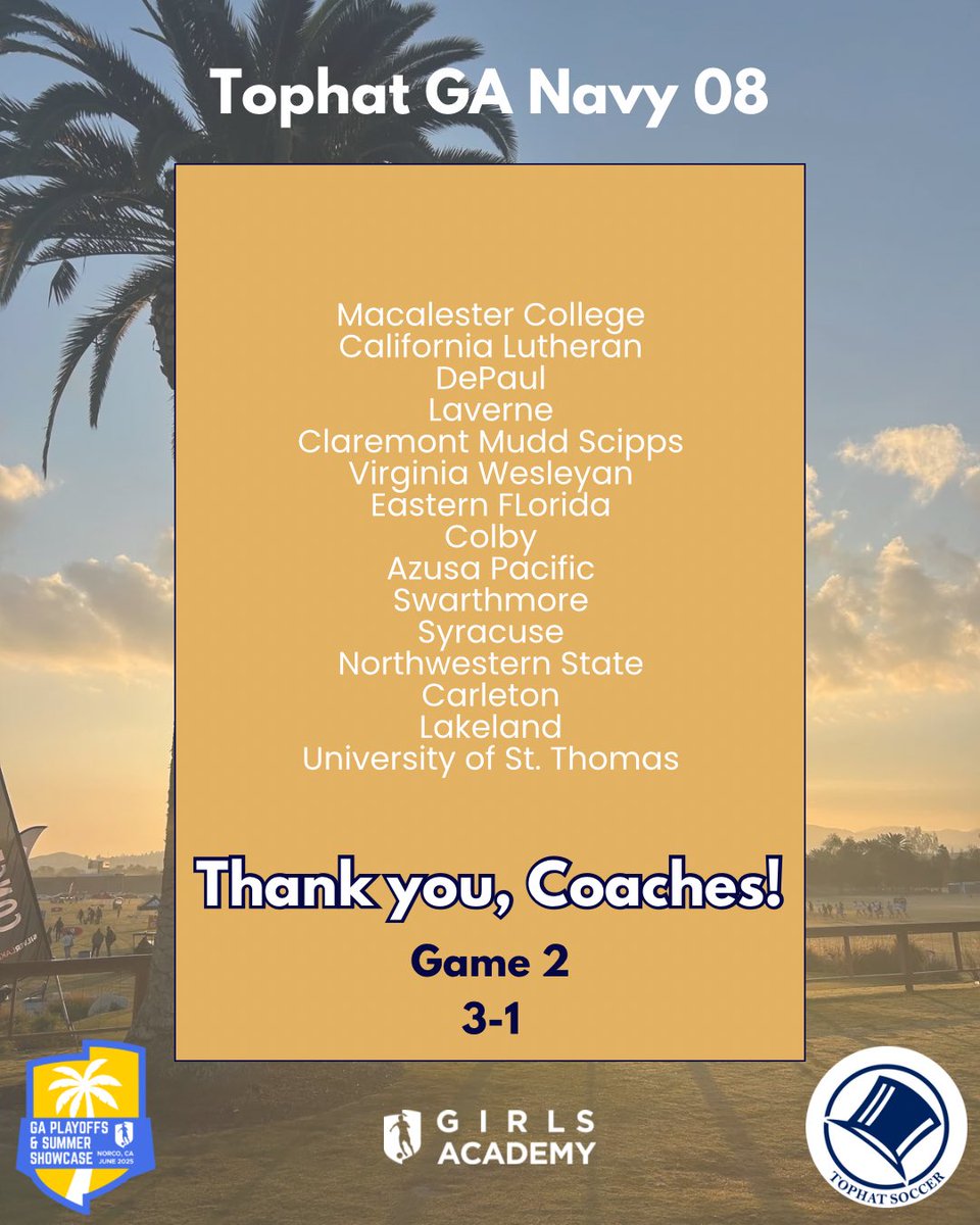 Thank you to all the coaches that came out for our game 2 WIN! Goals by <a href="/megansternot20/">Megan Sternot | 2027</a> 
<a href="/kateleach2026/">Kate Leach • Class of 2026 ⭐️⭐️⭐️TDS</a> <a href="/P_Glattfelder/">Payton Glattfelder: 🎓 2027 ⚽️ F/AM</a> 

<a href="/NTH_Tophat/">NTH Tophat</a> 
<a href="/ImCollegeSoccer/">College Soccer Truth ™</a> 
<a href="/GAcademyLeague/">Girls Academy</a> 
<a href="/TheSoccerWire/">SoccerWire</a> 
<a href="/PrepSoccer/">Prep Soccer ⚽️</a> 
<a href="/TopDrawerSoccer/">TopDrawerSoccer</a> 
<a href="/ImYouthSoccer/">ECNL/GA/Recruiting/College Soccer</a> 
<a href="/NcsaSoccer/">NCSA Soccer</a> 
<a href="/CoachCannella17/">Rhys Cannella</a> 
<a href="/JREskilson/">J.R. Eskilson</a>