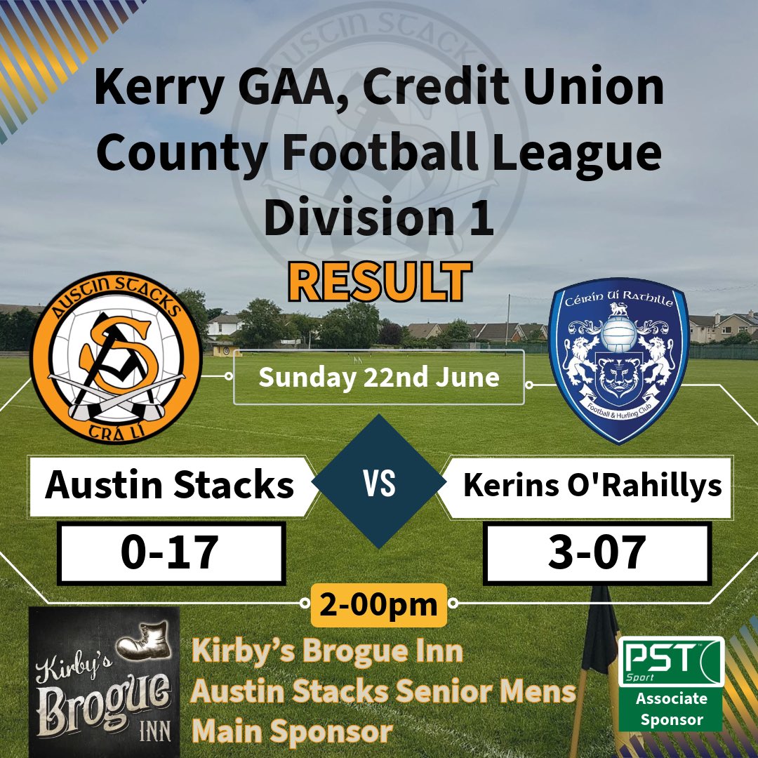 A WIN FOR THE ROCK 

Kerry GAA Credit Union County League
Division 1

Full Time
Austin Stacks ⬛️🟧: 0-17 (17)
Kerins O’Rahillys 🟦⬜️: 3-07 (16)
<a href="/radiokerrysport/">Radio Kerry Sport</a> <a href="/Kerry_Official/">Kerry GAA</a>