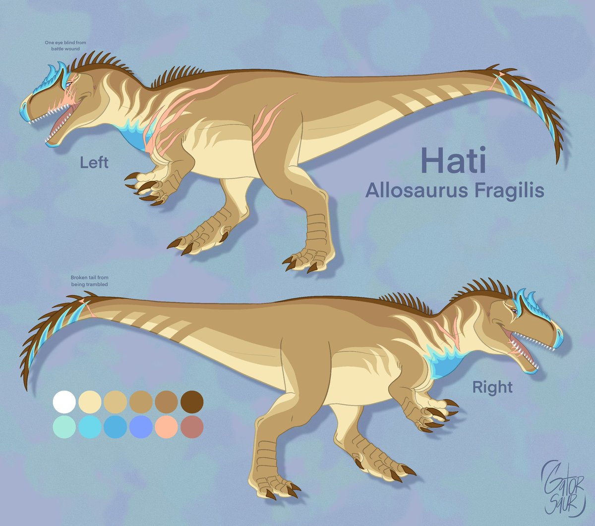 Gatorsaur's tweet image. Getting personal reference sheets ready for artfight! Here’s Hati one of my oldest dino OC’s from back when I used to play The isle Legacy, he got a make over to make him more unique. 

🌿🍃🌾

#dinosaurs #dinosaurs #dinosaurart #art #artist #dinosaurartist #allo #allosaurus