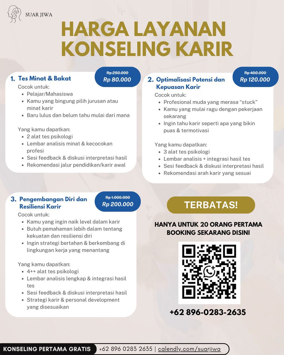 Pengen tau hasil psikotest kamu kalau kerja gimana? Terus rekomendasinya harus gimana?

Bisa banget tes di suar jiwa, alat tes yang dipakai adalah alat yg biasa dipakai HRD kalau psikotest. Yu langsung cari tau kemampuan kamu dan booking disini

linktr.ee/suarjiwa

#zonauang