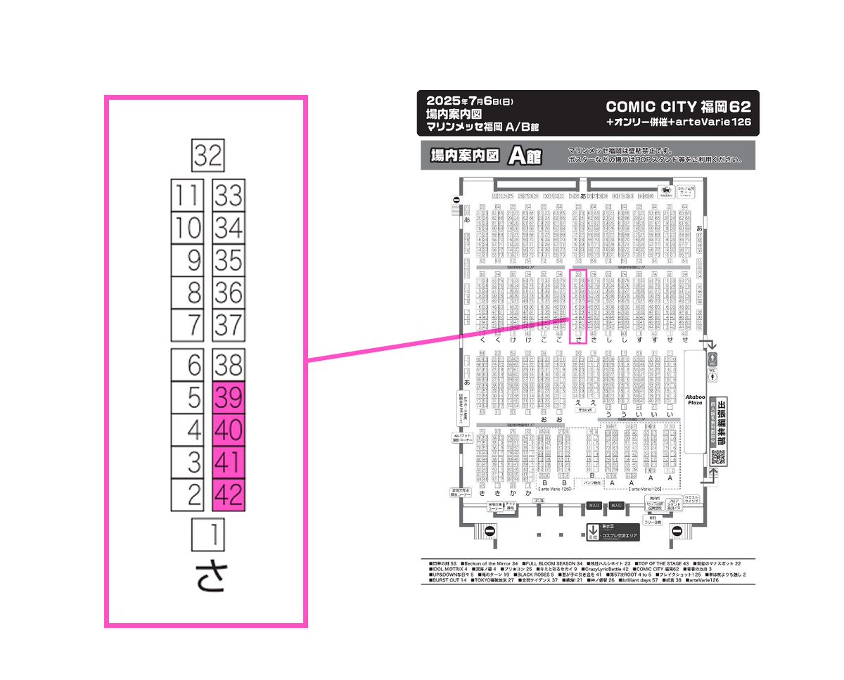 lumi_petit's tweet photo. 7月6日COMIC CITY福岡62内開催のテイルズオブルミナリアプチオンリーLuminary Colors!福岡のサークルリスト、配置図になります。
NAVIOからでもチェック可能です。当日参加される方はぜひご活用ください！
#ルミカラ　#CC福岡62 https://t.co/Xx7ZNmqbKw