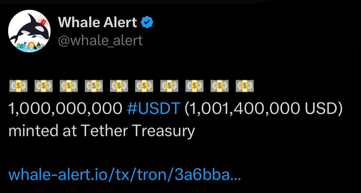 AshCrypto's tweet photo. BREAKING: 

💵 $1 BILLION USDT JUST MINTED 

WHALES LOADING UP DIP !!! https://t.co/aVYi7tvWqe