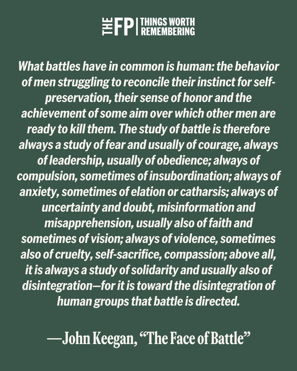 While the technology of battle has changed a great deal in the last hundred years,
<a href="/LTGHRMcMaster/">H.R. McMaster</a> says one excerpt from “The Face of Battle” captures the human aspect of combat that has not. thefp.pub/40dvwPY