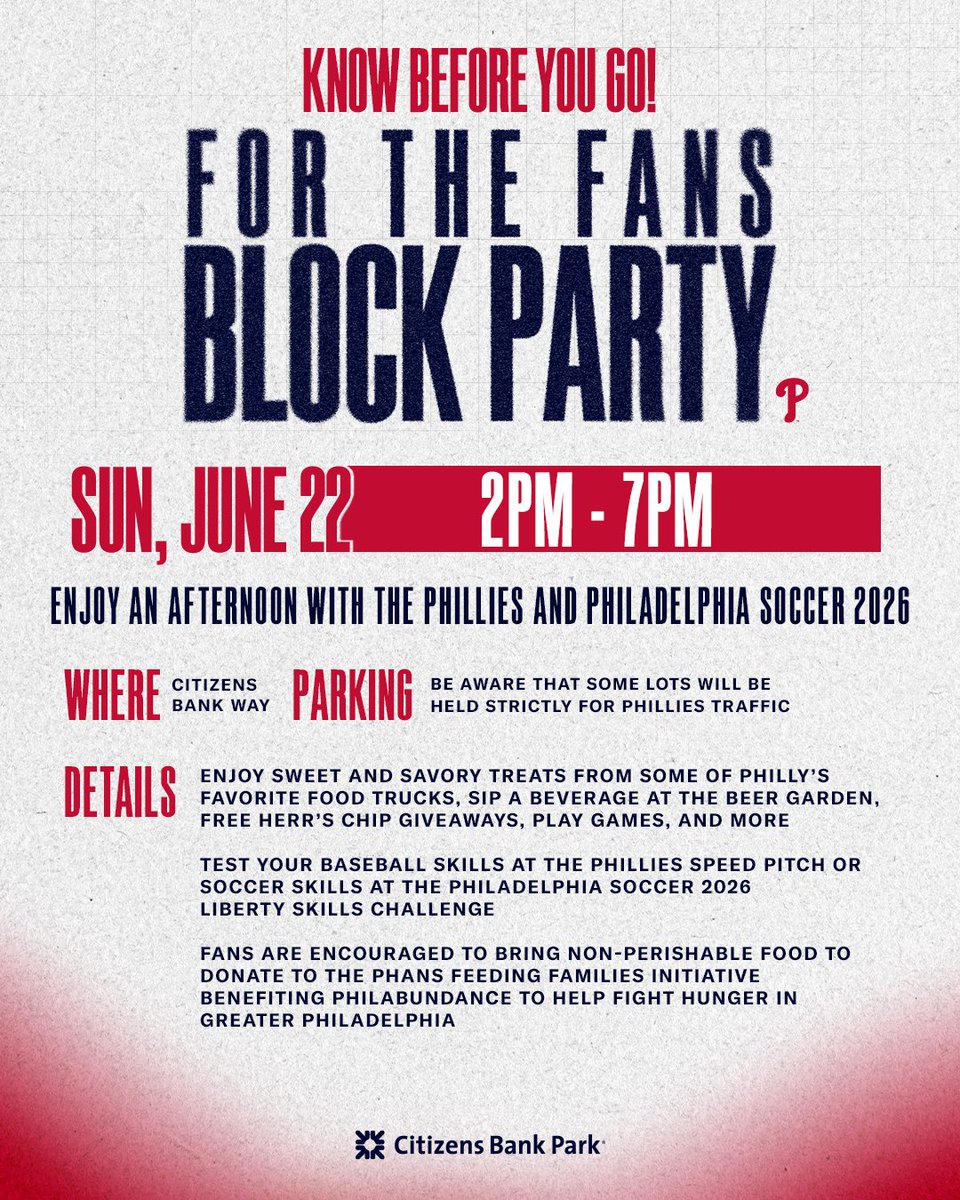 PhilliesCBP's tweet image. Sports fans unite!
Join us and @FWC26Philly today for a special Block Party! Here’s everything you need to know ⬇️