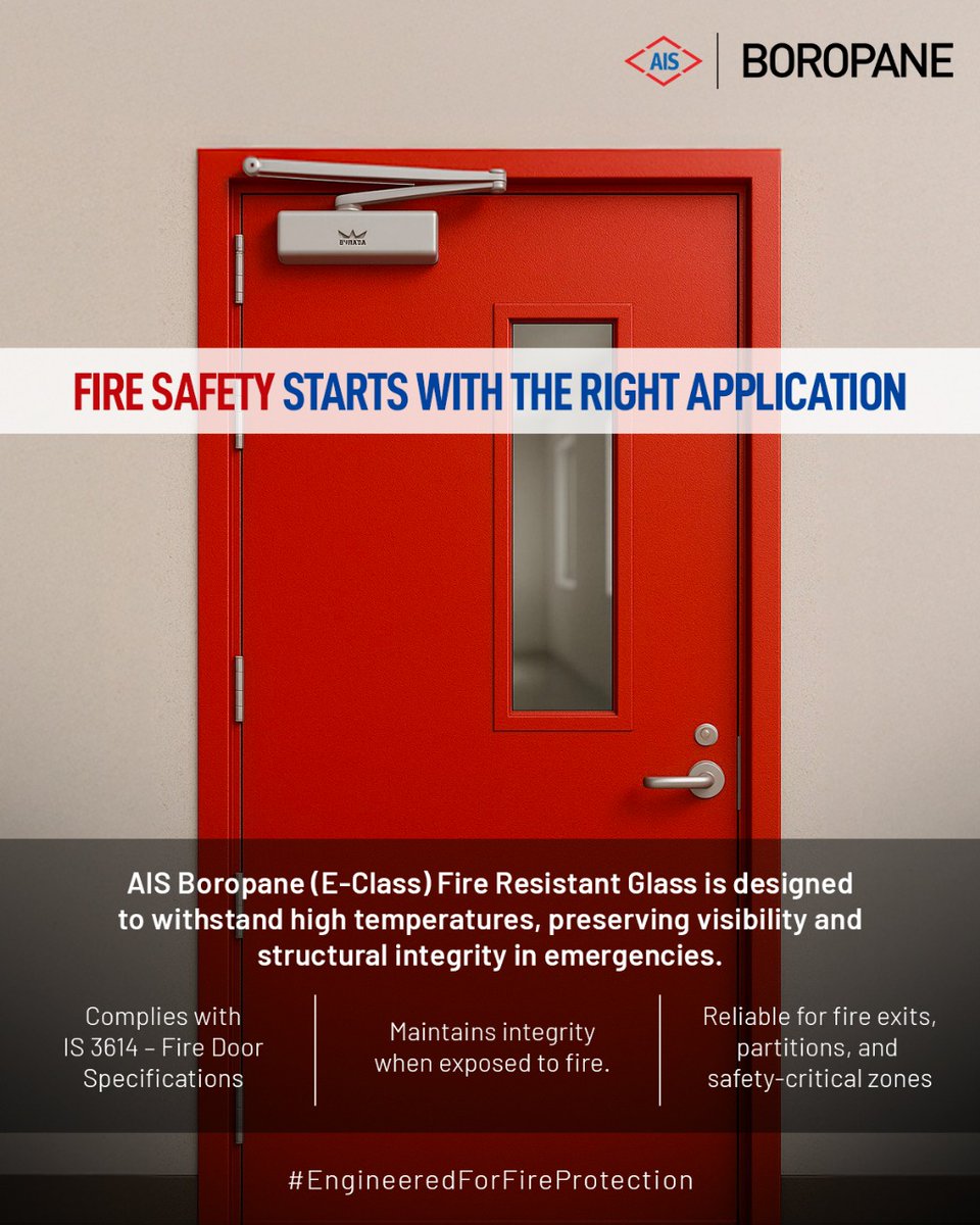 AIS_Glass's tweet photo. Keep escape paths clear and protected with AIS E Category Fire-Resistant Glass—built for integrity under pressure.
Learn more: https://t.co/vBzuHfedlT
#AISGlass #AIS #FireResistantGlass #FireSafety #EngineeredForFireProtection #AISBoropane https://t.co/RasouhXYPA