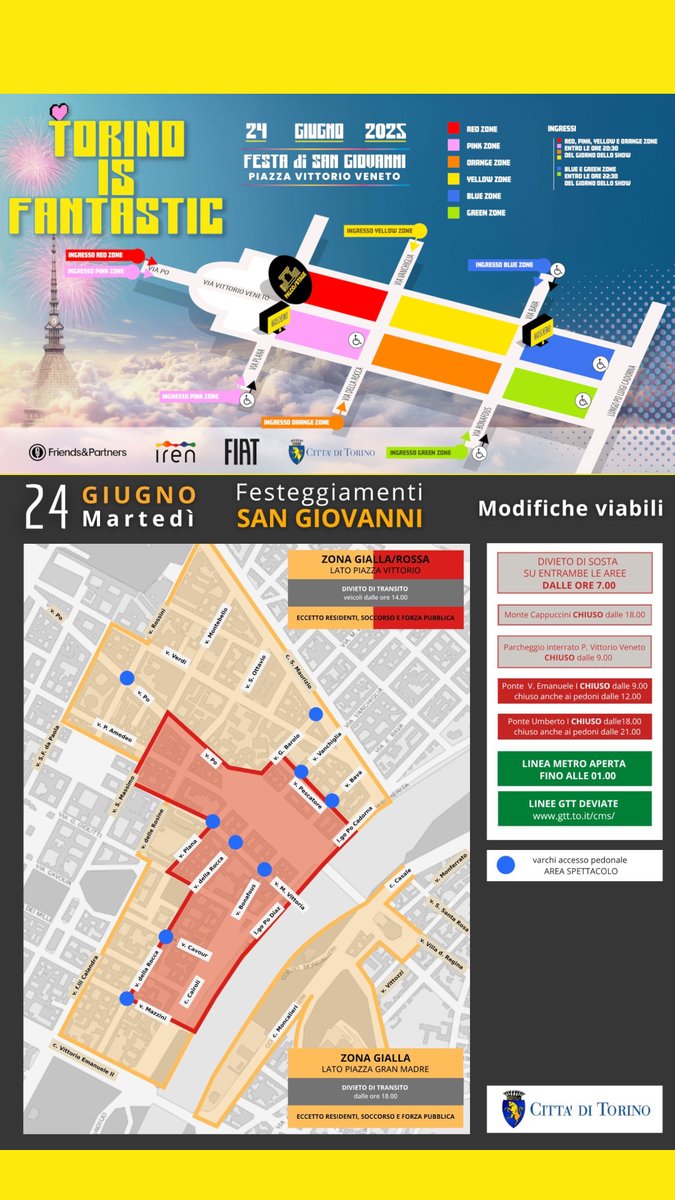🎇 Informazioni concerto di #sangiovanni #Torino . 👉Modalità d'accesso in piazza, modifiche alla viabilità, divieti di sosta, residenti e commercianti, accessi per assistere allo spettacolo pirotecnico: 
🔸comunicatistampa.comune.torino.it/2025/06/concer…

🔸comune.torino.it/sangiovanni/