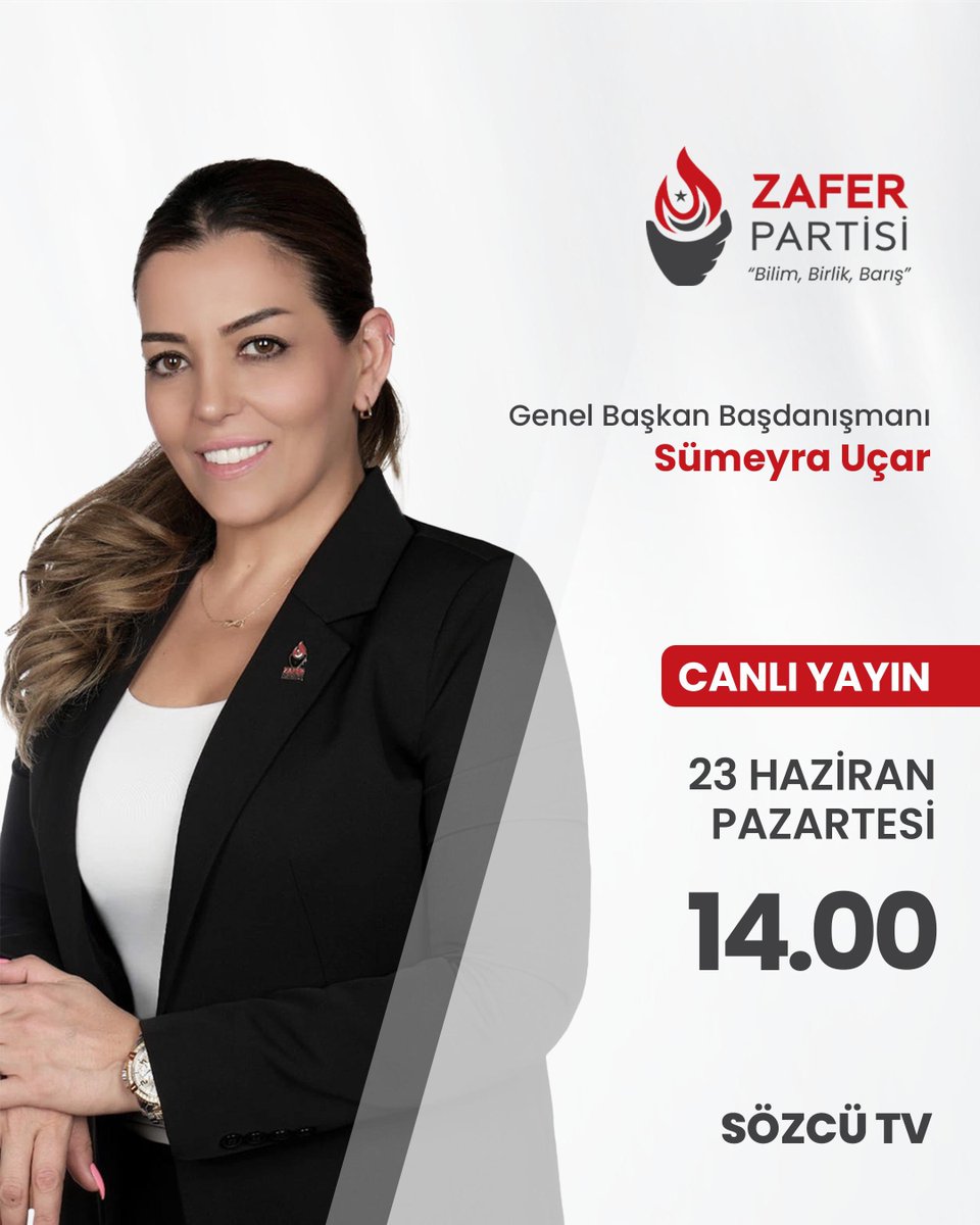 Genel Başkan Başdanışmanımız Sümeyra Uçar, yarın (23 Haziran Pazartesi) saat 14.00’te Sözcü TV’de Senem Toluay Ilgaz’ın konuğu olacak, İsrail-İran savaşı ve bölgedeki nükleer tehditleri değerlendirecektir.

🗓️ 23 Haziran Pazartesi
⏰ 14.00
📺 Sözcü TV