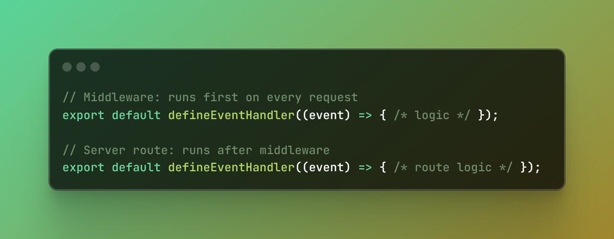 Mastering Nuxt (@masteringnuxt) on Twitter photo Did you know that both middleware and server routes in <a href="/nuxt_js/">Nuxt</a> use `defineEventHandler`, but middleware always runs before the route handler itself?
The main difference is that middleware is executed on every request, providing a way to apply logic globally across your server. Did you know that both middleware and server routes in <a href="/nuxt_js/">Nuxt</a> use `defineEventHandler`, but middleware always runs before the route handler itself?
The main difference is that middleware is executed on every request, providing a way to apply logic globally across your server.