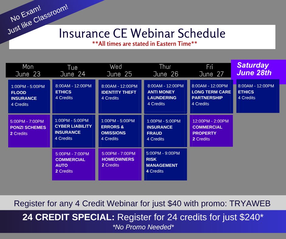 EITINS's tweet image. As the month of June winds down, make sure you are on track with your #InsuranceCE requirement! We have a full schedule of live #webinars this week. Login, listen and earn your credits! #EasyCE

24 Credits = $240 (Automatic Discount!)

Register at: etrainingschool.com/clientsite/Cla…