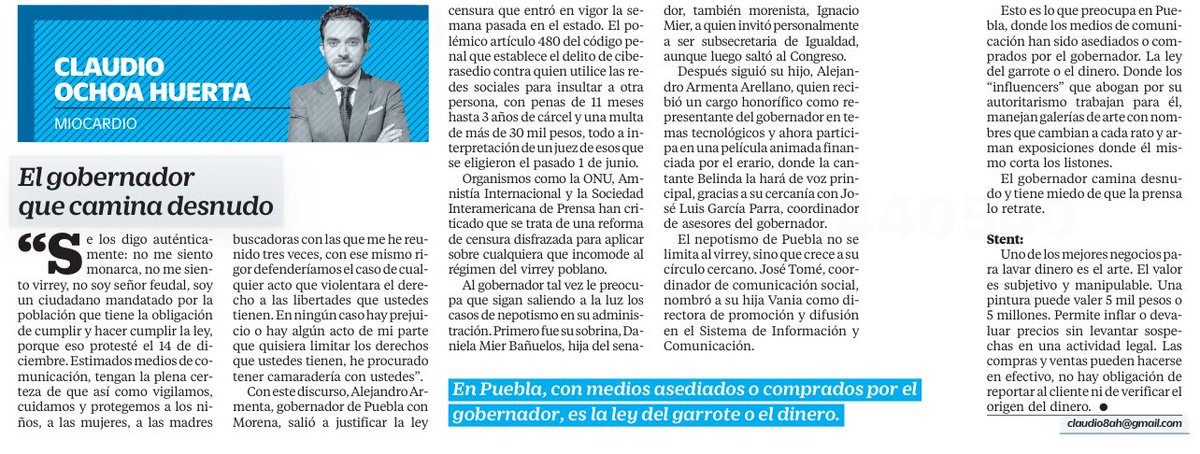 ¿Y por qué creen que Armenta impuso la Ley Censura? 

El gobernador de Puebla camina desnudo y tiene miedo de que la prensa lo retrate, en medio de varios escándalos que lo rodean. 
<a href="/ClaudioOchoaH/">Claudio Ochoa Huerta</a>