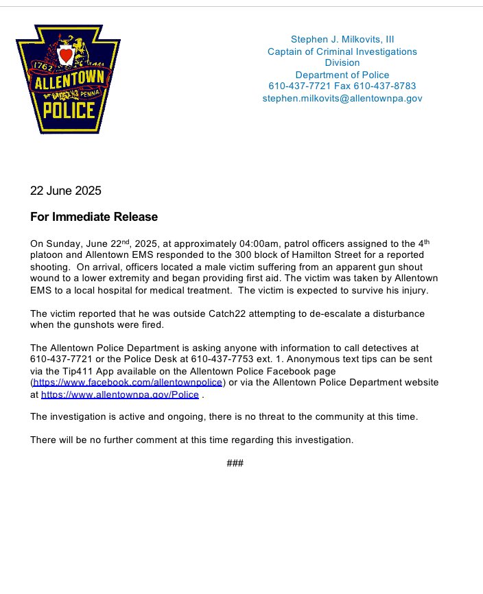 MEDIA RELEASE: Shooting Investigation 
#AllentownPolice
