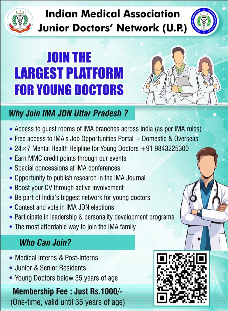 Attention Young Doctors of #UttarPradesh!
Join the Indian Medical Association – Junior Doctors’ Network (U.P.), the premier platform empowering young medical professionals.
✅ Access to national IMA guest houses
✅ Domestic &amp; international job portal
✅ Mental health support |