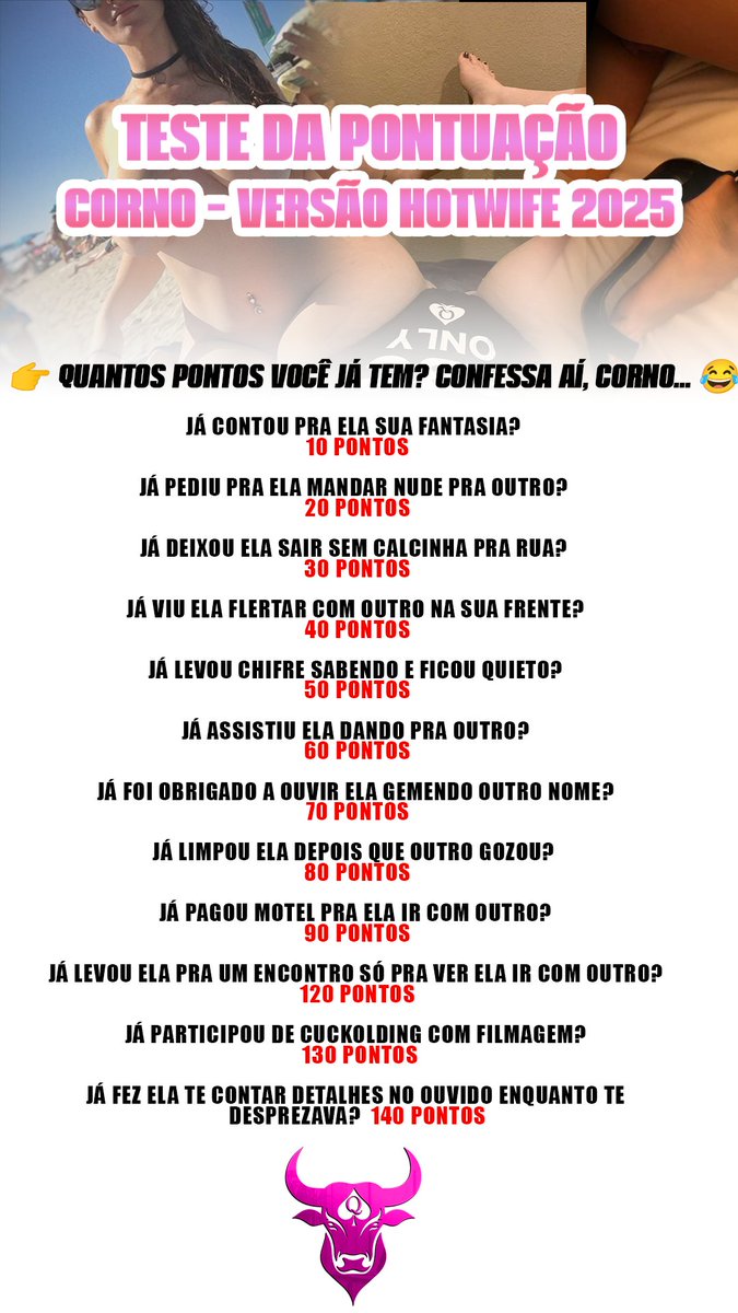 cuckbroficial's tweet photo. 👉 Seja homem... Quantos pontos você tem? 😂👇
Comenta aí e mostra que é corno assumido!
#Hotwife #Corno #Cuckold #CornoAssumido #HumilhaçãoGostosa #BBCOnly #Fetiche #WifeSharing #CuckoldLifestyle https://t.co/aX49BnCDod