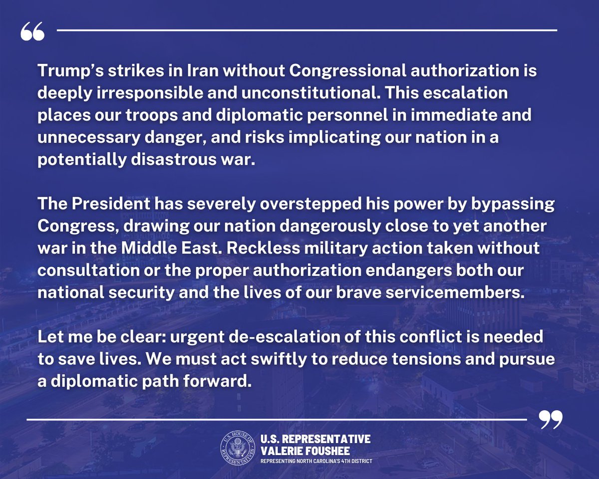 Trump’s illegal strikes puts our troops in danger and risks implicating our nation in a potentially disastrous war. An urgent de-escalation is needed to save lives.

Read my full statement: