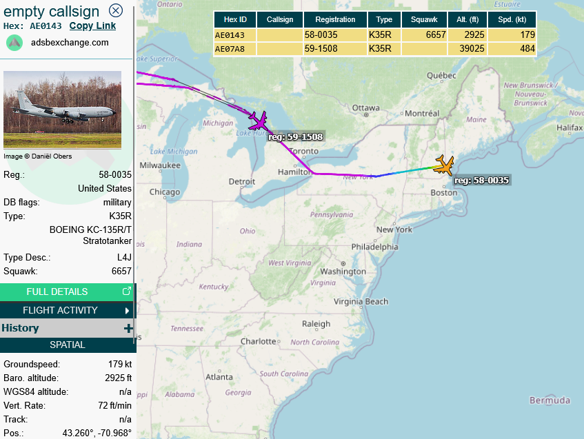 SirListenalot's tweet photo. 0045z #KC135's #AE0143 #FLAM11 & #AE07A8 #FLAM12 repositioning from Fairchild to Pease for an upcoming #E4 support mission https://t.co/6qJH4VQoPO