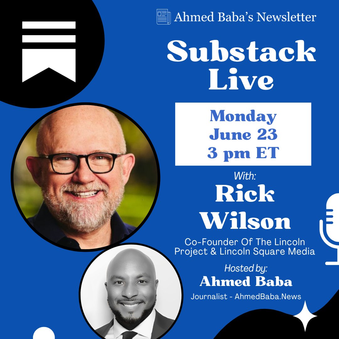 Ahmed Baba (@ahmedbaba_) on Twitter photo Trump's bombing of Iran's nuclear sites will have significant ramifications for the region and the world.
Tomorrow at 3 pm ET, I'm going live on Substack with <a href="/TheRickWilson/">Rick Wilson</a> to break down what this means and what could happen next.
Sign up: open.substack.com/live-stream/37… Trump's bombing of Iran's nuclear sites will have significant ramifications for the region and the world.
Tomorrow at 3 pm ET, I'm going live on Substack with <a href="/TheRickWilson/">Rick Wilson</a> to break down what this means and what could happen next.
Sign up: open.substack.com/live-stream/37…