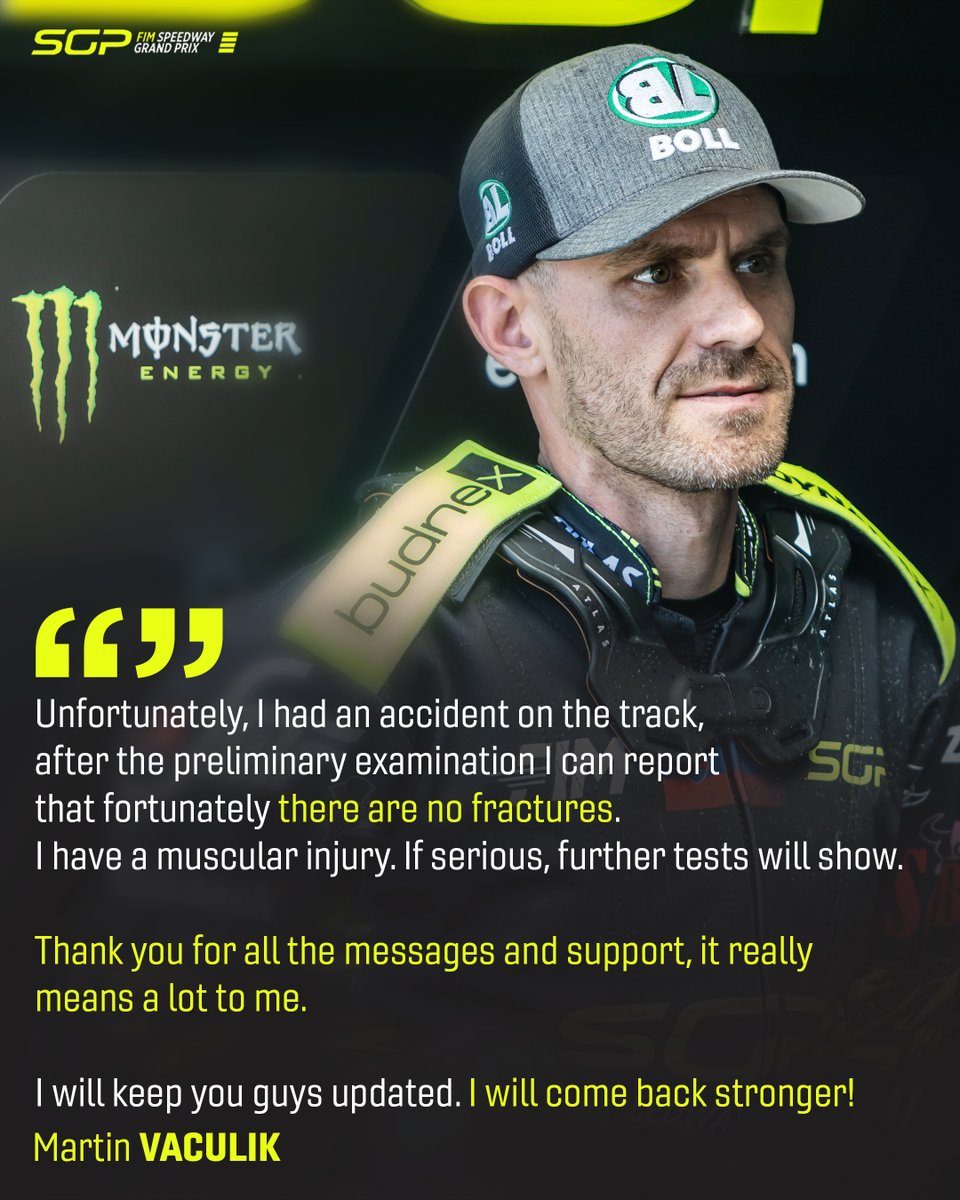 SpeedwayGP's tweet photo. Martin Vaculik has provided an update following his accident at the #GorzowSGP 🇵🇱

We are looking forward to seeing him back on track soon 🙌 

Read more 👉 https://t.co/GRqvWu2GL2

#SGP https://t.co/NkYTiGJcAa