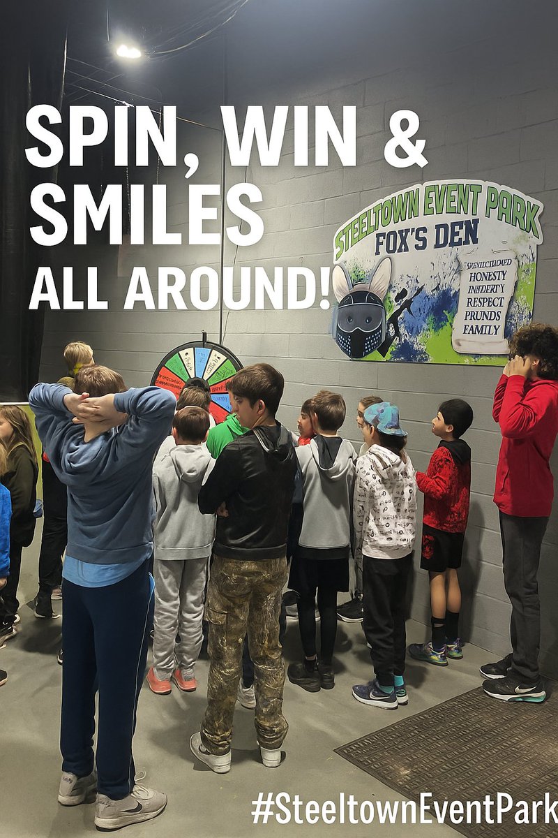 SteelTownPB's tweet photo. 🎉 SPIN, WIN & SMILES ALL AROUND! 🎉

Big energy. Big grins. And even bigger anticipation around the prize wheel at Steeltown Event Park! 🦊

From birthday bashes to team celebrations, this is where the fun continues off the battlefield.
Whether it’s gear upgrades, shoutouts, or sweet treats — the wheel keeps the party rolling! 🎁🎯

📍 Book your next party with us and make it a day they’ll never forget.

#SteeltownEventPark #FoxsDenFun #BirthdayBash #SpinToWin #PittsburghEvents #EpicPartiesStartHere