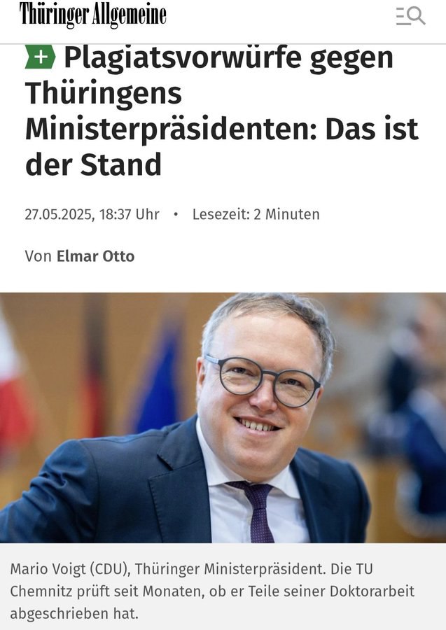 Das ist doch ein sensationelle Neuigkeiten❗

Die nunmehr ZEHNMONATIGE(!!) Plagiatsprüfung der Dissertation von Dr. "mett" Mario #Voigt ist noch immer nicht abgeschlossen!! 
Kann doch alles nicht wahr sein!?