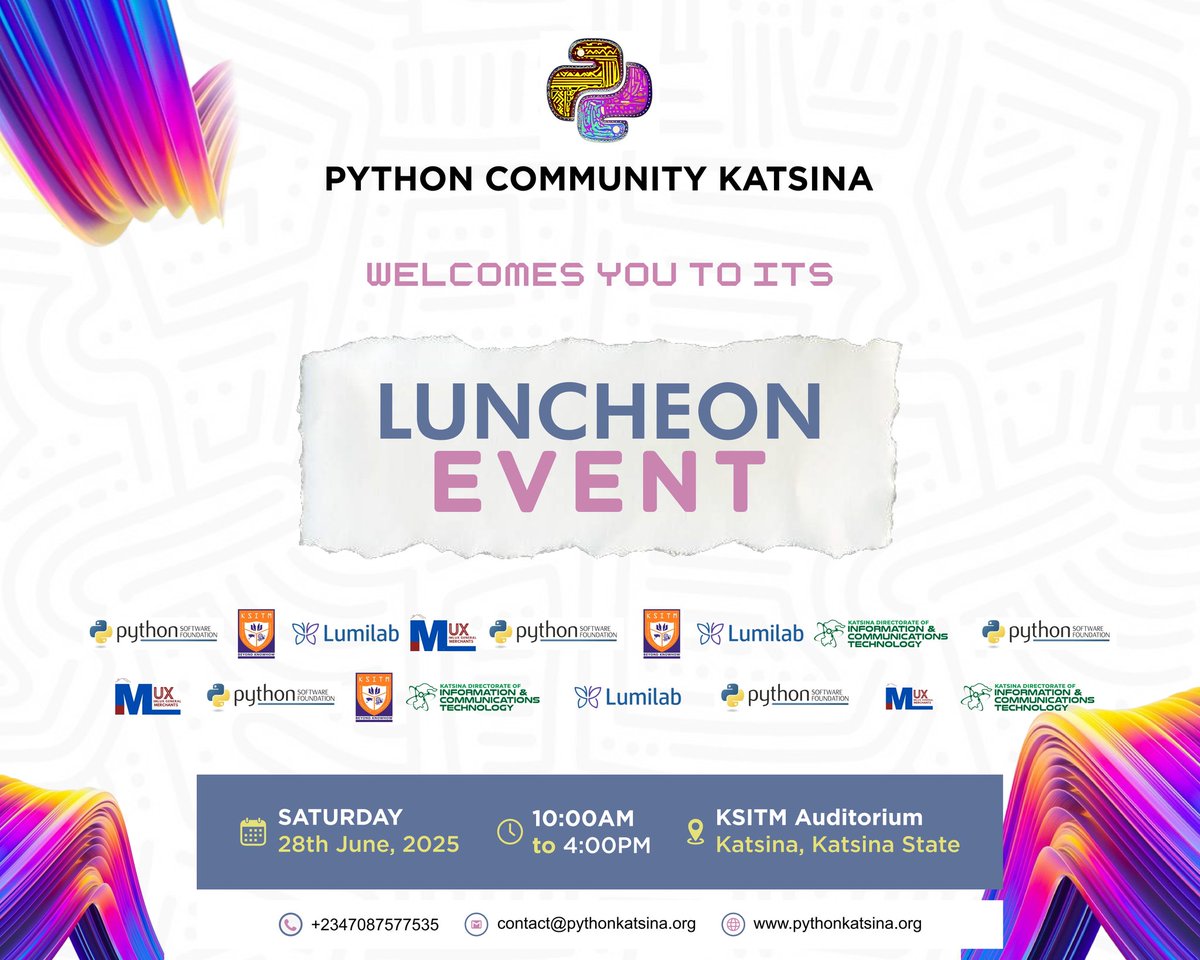 PythonKatsina's tweet image. Exciting News! 🚀
The Python Katsina Community will be launched on Saturday, June 28th, 2025! 🎉 Join us at KSITM for a day of tech talks, networking, and community building. Let&apos;s shape the future of tech in Katsina together! 💻

#PythonKatsina #LaunchEvent