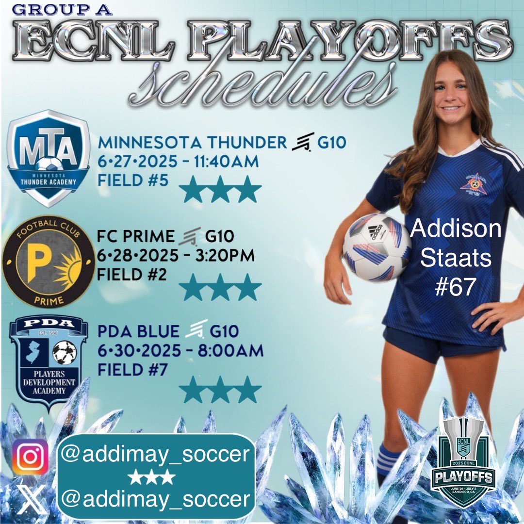 addimay_soccer's tweet photo. Excited to go to @ECNLgirls Playoffs with my @Solar10ECNL team! This group has pushed me to grow all season, &amp; I’m so proud of everything we’ve accomplished together. Ready to fight for each other &amp; leave it all on the field ⚽💙 #ECNLPlayoffs #Road2Nationals @SolarSoccerClub https://t.co/THfrOODHk6